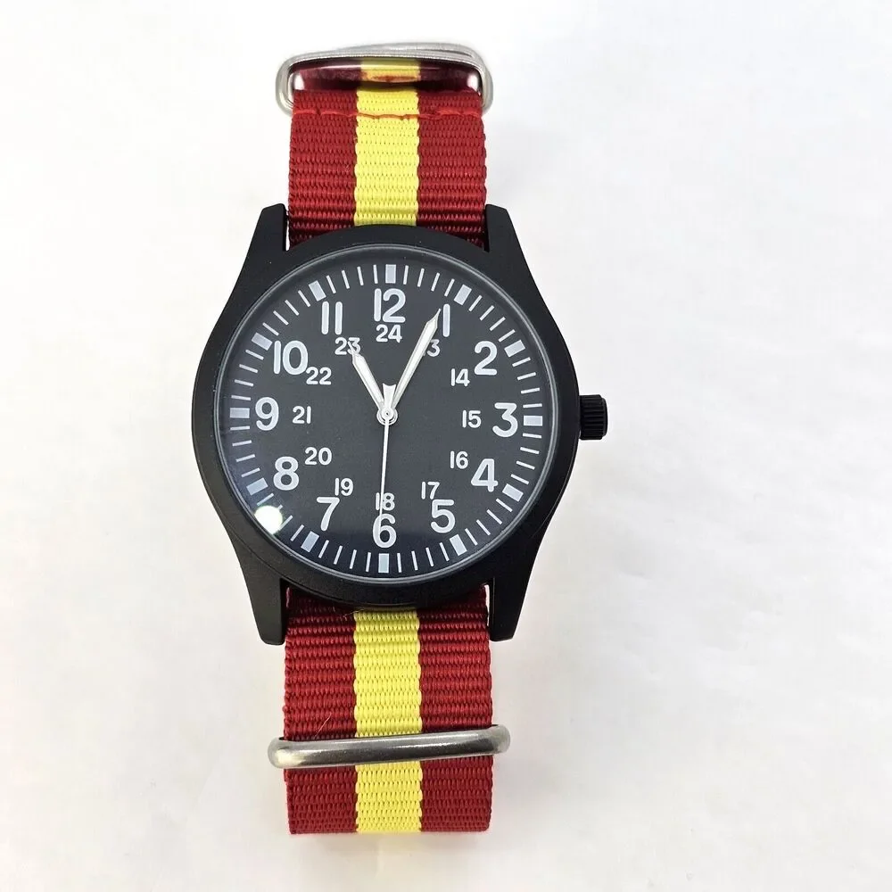 Men's Field Watch 42MM Black‎ Dial Black Case Red Yellow Canvas Band Strap